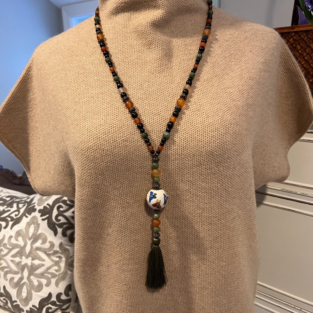 Hand-made Necklace with Hand-painted Butterfly Porcelain Focal Bead